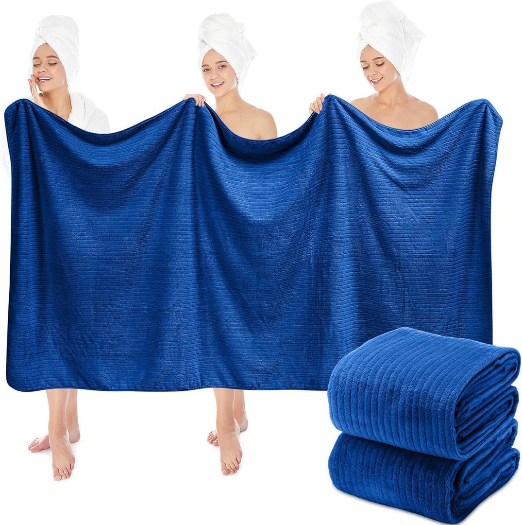 2 Pcs Extra Large Bath Sheets 40 x 80in Oversized Jumbo Bathroom Towel Giant XXL Coral Fleece Beach Sheets Soft Quick Dry Absorbent with Hanging Loop (Navy)