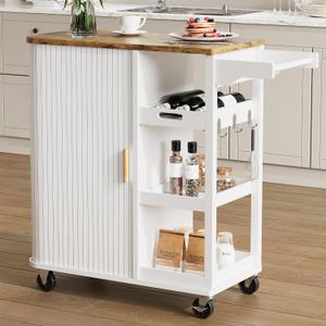 Small Rolling Kitchen Island Cart with Sliding Doors, 35.3 Mobile Kitchen with Storage, Adjustable Height Shelves, Locking Casters Storage Island Table for Kitchen, Living Room, Dining RoomWhite