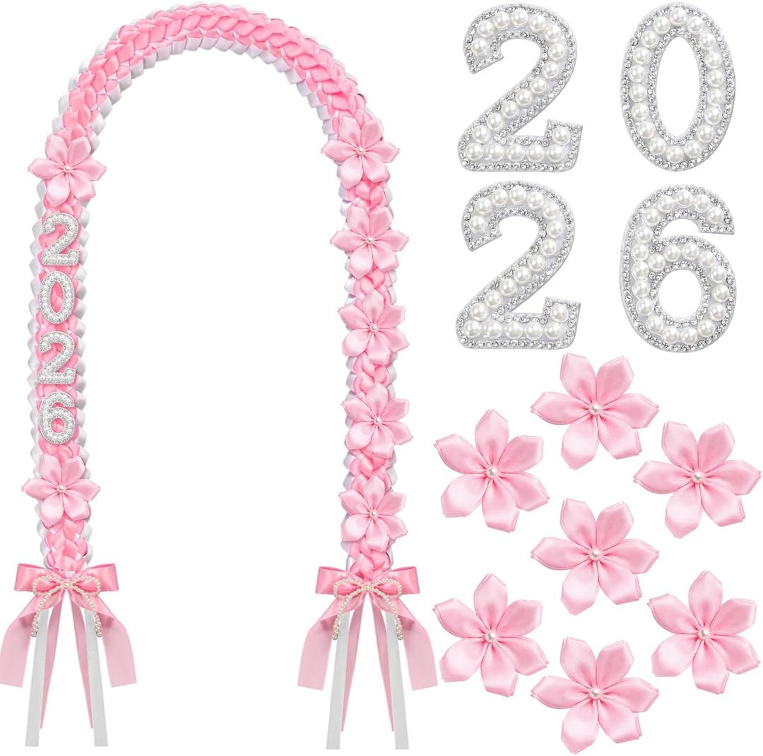 Suncalla 1/2 Pack Graduation Leis Class of 2026 Ivory Satin Ribbon Necklace with 11 Letters and Numbers Flower Butterfly Pin Pearl Bow Money Leis for College Senior Grad Gift(Pink,1 Pcs)