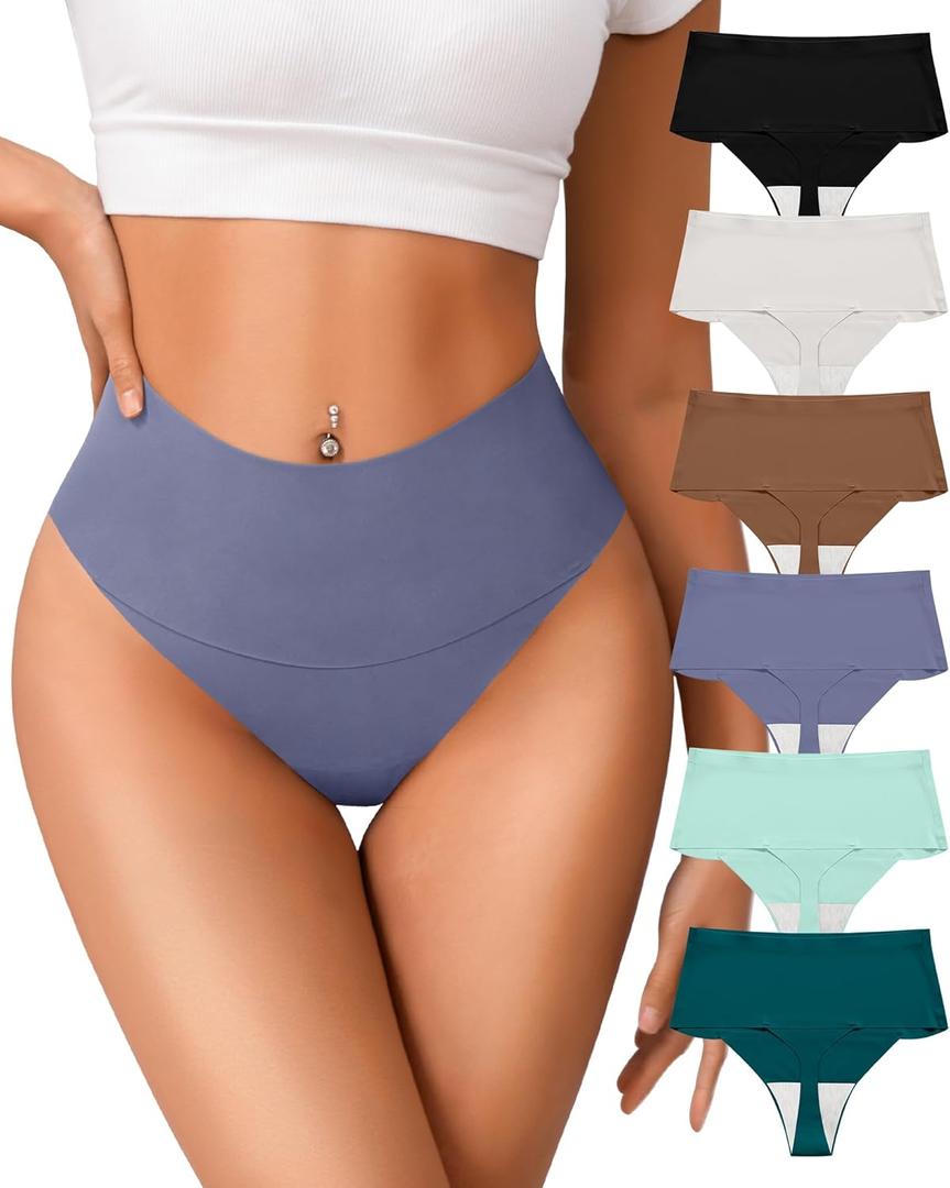 High Waisted Thongs Underwear for Women Seamless No Show Panties Soft Tagless High Cut Ladies Thong 6 Pack (M)