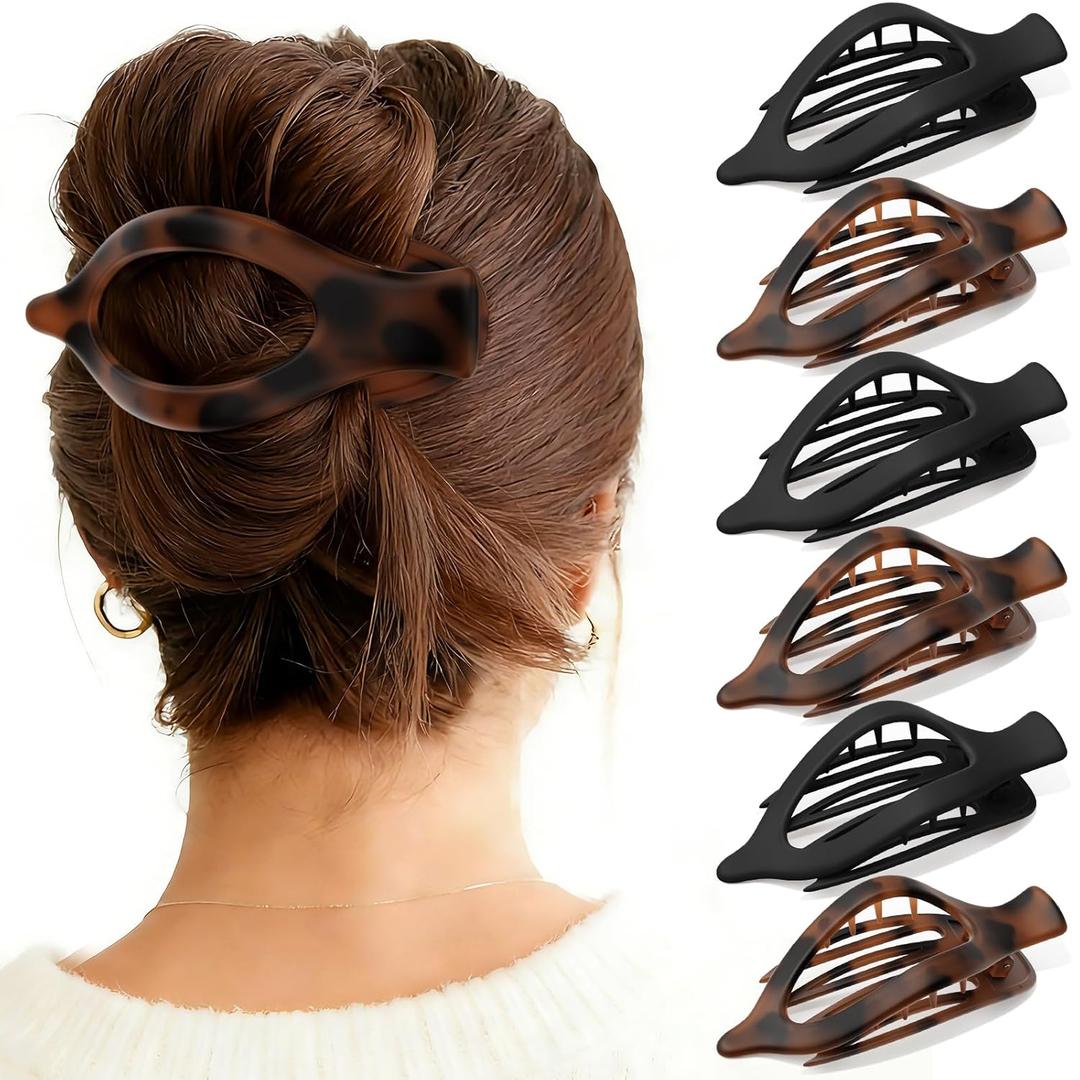 6 Packs Oeusnael Flat Hair Clips - French Concord Lay Down Hair Claw Clips for Women Girls, Strong Hold Hair Accessories for Thick Thin Hair, Comfortable Curved Design for Lying,Driving and More (Tortoise & Black)