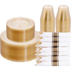 DaYammi 210PCS Gold Glitter Plastic Dinnerware Set for 30 Guests, Fancy Disposable Plates for Party, Include: 30 Dinner Plates, 30 Dessert Plates, 30 Pre Rolled Napkins with Gold Silverware, 30 Cups