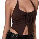 Women's Tie Front Ruched Halter Tops Split Asymmetrical Hem Fitted Camisole Tank Top (L)