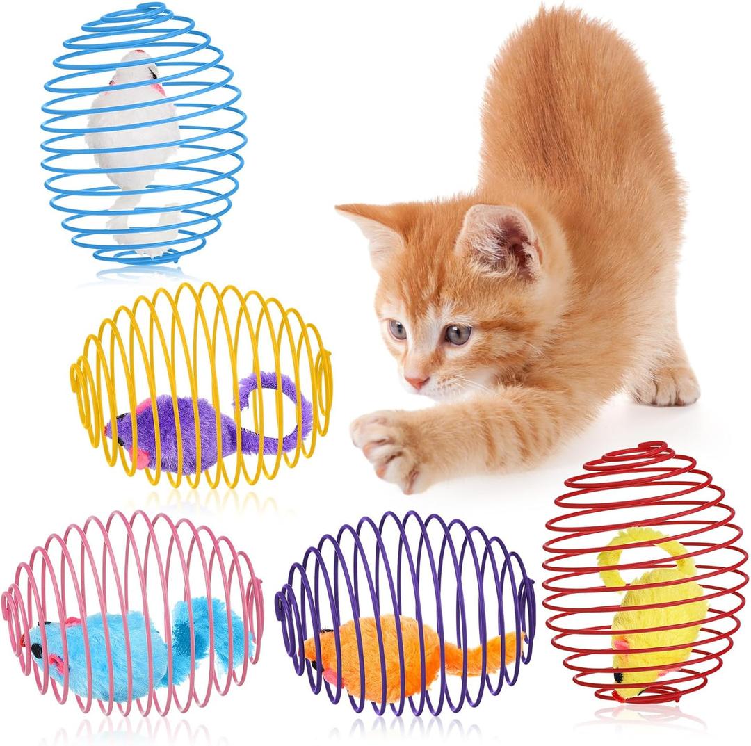 Jecery 5 Pcs Cat Spring Balls Toys Stretchable Rolling Balls Colorful Playful Coils Interactive Action Toy Caged Rats for Kitten Pet Supplies (Mouse,Multicolor)