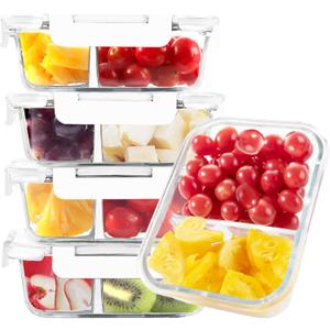 BAYZZ 5 Pack 35 Oz Glass Meal Prep Containers 2 Compartments, Glass Storage Containers with Lids, Airtight Lunch Bento Boxes, BPA-Free, Microwave and Freezer Safe,White