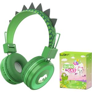 QearFun Kids Bluetooth Headphones, Dinosaur Kids Headphones Wireless with Microphone, Safe Volume 85 dBA, Bluetooth 5.3, Girls Toddler Headphones with Aux Cord for iPad/Tablet/Travel/School, Green