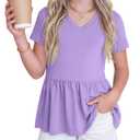 LessonZoo Girl's Short Sleeve Tops Causal Kids Peplum Babydoll Tunic Tees Ruffle Hem Summer Blouses Size 4-15 Years(Taro Purple,7-8 Years)