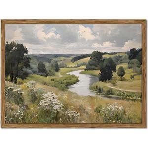 Vintage Landscape Wall Art, Rustic River Wall Decor Painting Retro Cottagecore Poster Canvas Prints Picture for Living Room Bedroom Farmhouse 16x24 inch Wood Framed