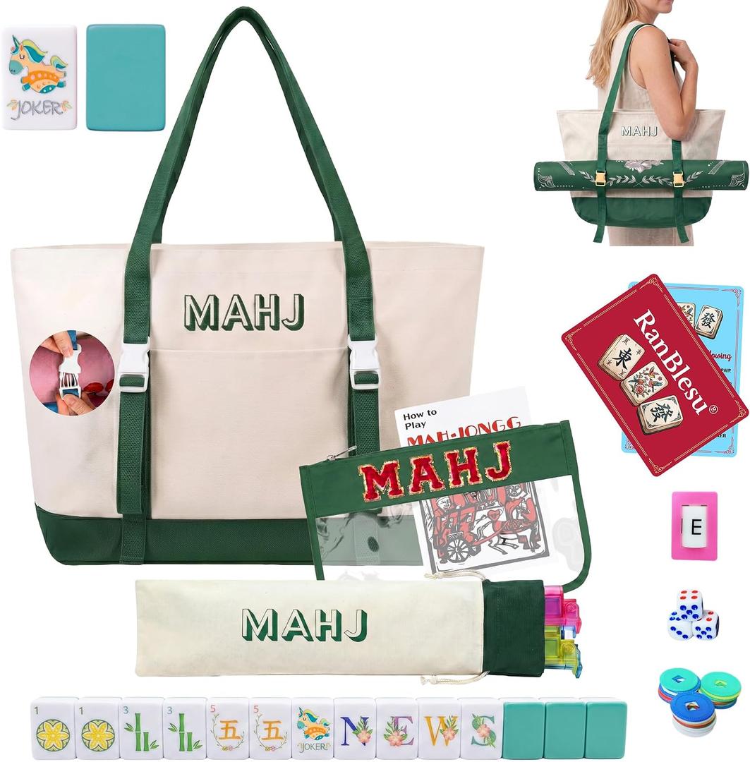 American Mahjong Tile Set, 166 Premium Green Tiles, 4 All-in-One Color Racks/Pushers, Mahjong Accessories Mahjong Set Complete with Bag (Ma Jong, Mah-Jongg, Majiang)