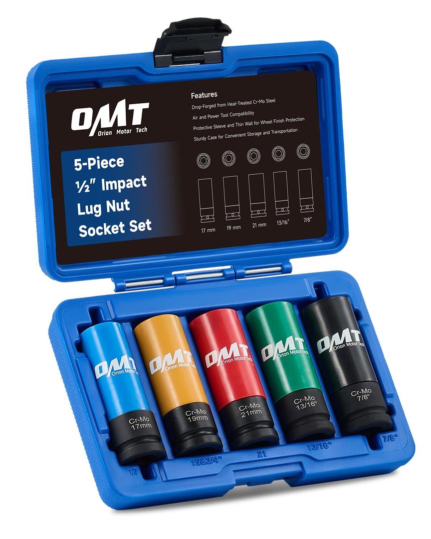 Orion Motor Tech 1/2" Drive Lug Nut Socket Set, Metric 17 19 21 mm & SAE 13/16 7/8 in. Wheel Socket Set, 5pc Impact Lug Nut Socket Set, Thin Wall Lug Nut Sockets with Colored Protective Covers