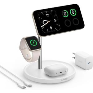 Anker MagSafe Charger Stand Compatible, iPhone 17 MagGo 3 in 1 Wireless Charging Station,Qi2 Certified 15W Wireless Charger, Desk Accessory, for iPhone 15/14/13/12 Series Apple Watch, AirPods (White)