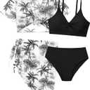 Girls Swimsuit 4 Piece Tropical Print Bikini Set Twist Criss Cross Bathing Suit with Kimono and Cover Up, (11-12 Years, Black Palm Tree)