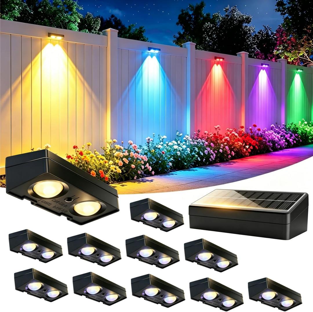 Solar Fence Lights Outdoor Waterproof 12 Pack 60 LM Brighter Dual LED Spot Lens 12 Modes & 9 Colors Deck Lights Solar Powered Wall Lighting Decor for Outside Yard Step Patio Porch Railing Pool