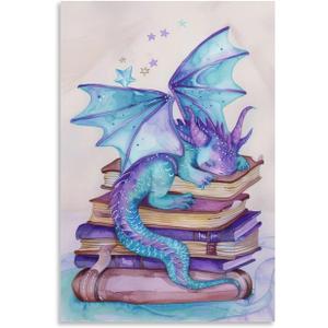 Watercolor Style Book Blue Purple Dragon Cute Poster Canvas Wall Art Aesthetic Posters & Prints Wall Decor for Bedroom Living Room Paintings Pictures Wall Decor Framed Unframed 16x24inch(40x60cm)