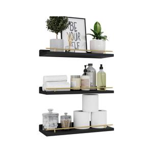 WOPITUES Floating Shelves with Black Metal Guardrail, Shelves for Wall Decor Set of 3, Wall Shelves for Bedroom, Bathroom, Kitchen, Living Room, Plants, Picture Frames