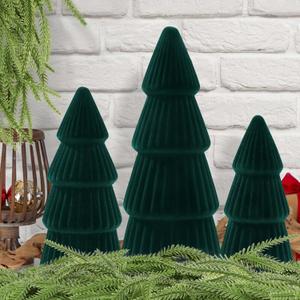 JOICEE Christmas Decorations Indoor, 3 Pcs Velvet Ceramic Christmas Trees Green Modern Cone Tabletop Trees for Xmas Winter Home Room Holiday Decorations Entryway Table Mantel Centerpiece Decor