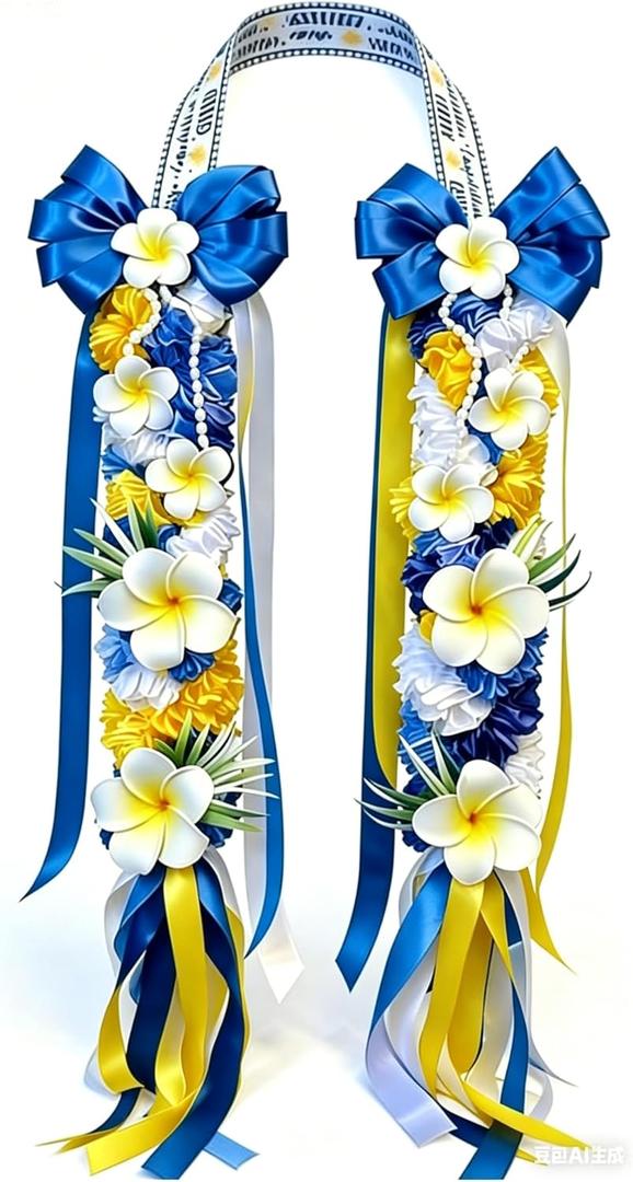 67" 2026 Blue Gold Graduation Leis Class of 2026 Grad Ribbon Lei Hawaiian Ribbon Graduation Braided Lei with Flowers for High School College Student Congrats Grad Gifts Party Accessories