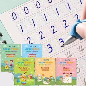 Monking Large Magic Practice Copybook for Kids,Handwriting Grooved Practice Book 5 Pack with Pen Refill English Cursive Calligraphy Reusable Age 3-8