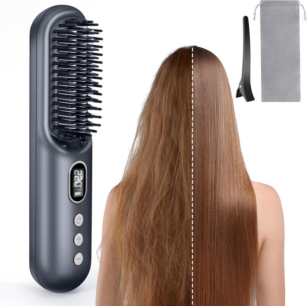 LAMA Cordless Hair Straightener Brush - Portable Hair Brush - 20s Fast Heating - 130 Million Plasma for Frizz-Free Shine, 90000mAh Mini Hair Straightener Comb for Women Travel, LED Display Hot Comb,GY