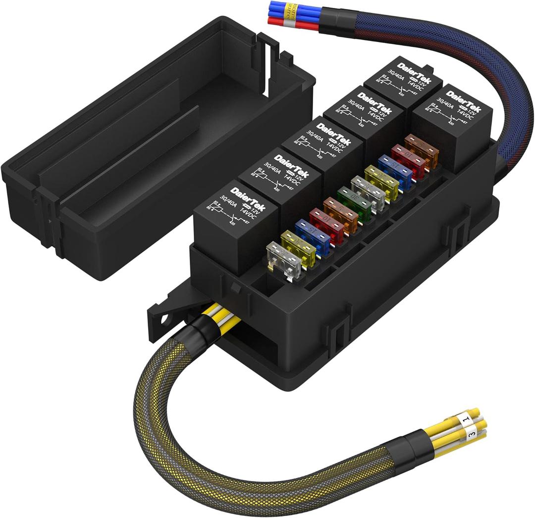 RVBOATPAT 12V Fuse Relay Box with 6 Relays and 11 Way ATC/ATO Blade Fuses, Pre-Wired Fuse and Relay Box 12 Vlot Relay Fuse Box Block for Automotive Marine Boat