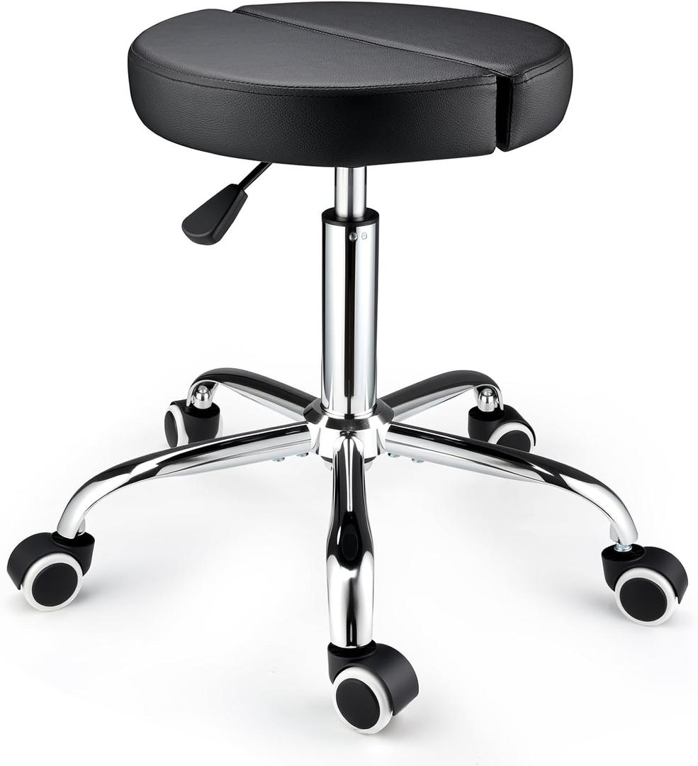 Round Rolling Stool with Wheels Height Adjustable Swivel Stool Chair for Shop Office Salon Massage Spa (Black)