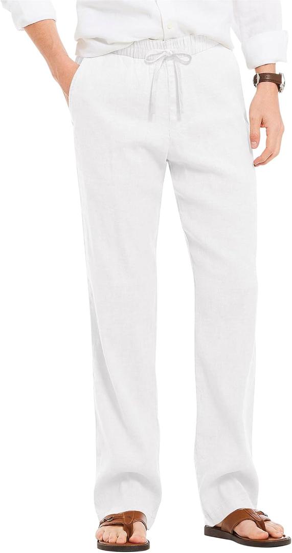 COOFANDY Men's Casual Linen Summer Beach Pants Lightweight Drawstring Elastic Waist Yoga Trousers (Medium, White)