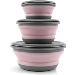 Collapsible Bowls, 3pcs Food Grade Silicone Camping Bowl Salad Bowl with lids, Portable Expandable Lunch Box Food Storage Container for Camping Travel and Picnic (Pink)