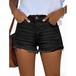 IWD Women's Jean Shorts Stretchy Mid Waisted Ripped Distressed Denim Shorts Raw Hem Skinny Jean Jorts, Small