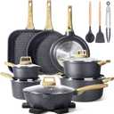GiPP 21Psc Pots and Pans Set Non Stick - Grey Granite Kitchen Cookware Sets Nonstick Induction Cookware Non-Toxic Cooking Pan Set with Silicone Utensils, PFOS and PFOA Free (Black)