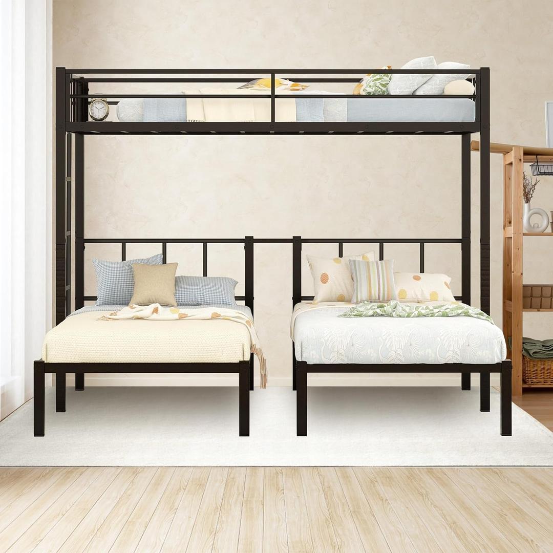 Metal Triple Bunk Bed, Detachable Triple Bunkbed for 3 with Guardrails & Ladder, Twin Over Twin & Twin Bunk Bed Can Be Separated into 3 Twin Beds for Teens, Adults, No Box Spring Needed, Easy Assembly