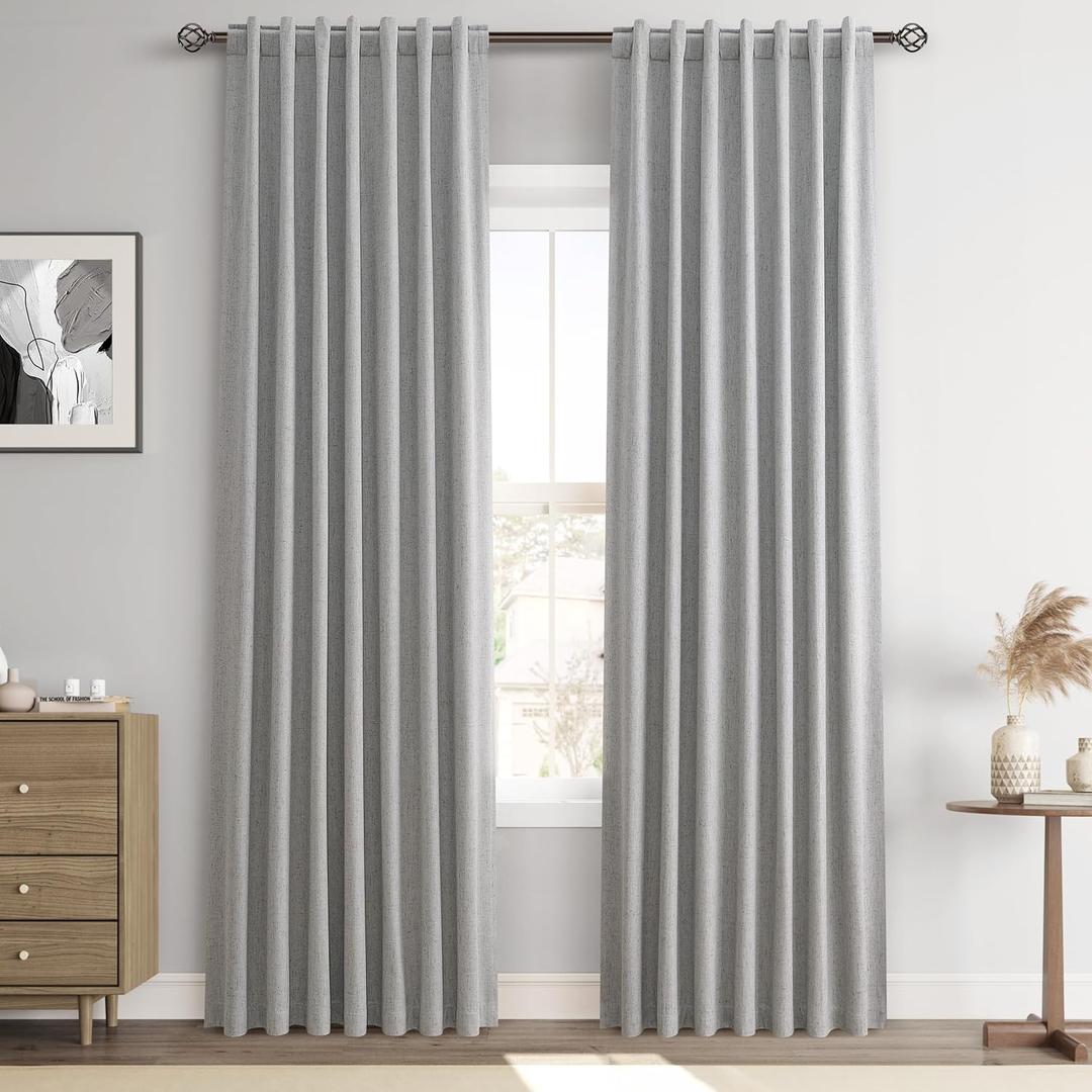 Joywell Linen Silver Grey Full Blackout Curtains 90 Inch Long 2 Panels Set for Bedroom Living Room,Back Tab Rod Pocket Room Darkening Thermal Insulated Black Out Window Drapes,52x90 Inches