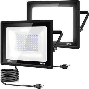 2Pack LED Flood Light Outdoor,100W LED Work Light 11000lm with 6FT US Plug,IP66 Waterproof Exterior Security Lights,6000K Daylight White Outside Floodlights Slim Design for Playground Yard