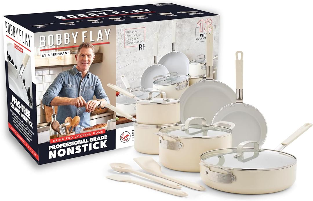 GreenPan x Bobby Flay 13 Piece Nonstick Cookware Pots and Pans Set, PFAS-Free Diamond Ceramic, Induction Suitable, Easy Clean Dishwasher & Oven Safe, Stay-Cool Silicone Handles, Glass Lids, Cream