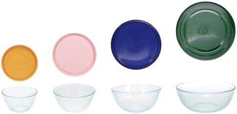 Pyrex Sculpted Glass Bowl Set: 7402-PC Loring Pink, 7403, 7403-PC Navy Blue, 7404 & 7404-PC Thyme Green Lid 3 Pcs