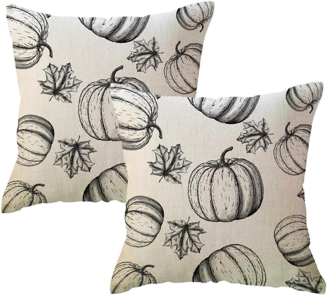 Fall Pumpkins Throw Pillow Covers 18x18 with Maple Leaves Farmhouse Autumn Harvest Thanksgiving Decorative Pillowcases Seasonal Decor Cushion Covers 2Pack for Sofa/Couch/Porch (Black)