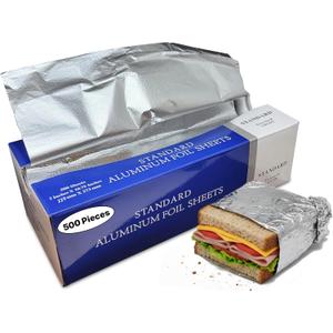 Aluminum Foil Sheets, 500 Count  9" x 10.75" Pre-Cut Pop-Up Dispenser for Food Wrap, Sandwich Wrap, Hair Foils, Food Storage, Baking, Catering, Restaurant, Salon Use