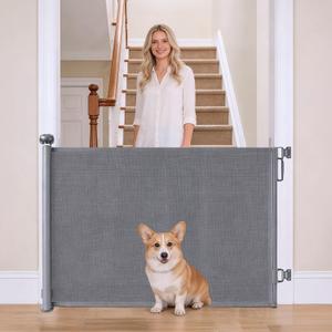 34" Tall Retractable Dog Gate, Adjustable Width 0-59" Pet Gate for Small to Medium Dogs, Heavy Duty Mesh Dog Safety Gate with Hardware Mounting for Doorways/Stairs/Indoor/Outdoor, Gray