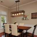 Rustic Farmhouse Plug in Kitchen Island Lighting, 5 Lights Rectangular Pendant Light Fixture with Adjustable Chain, Dimmable Switch, Oak Wood and Metal Linear Chandelier for Dining Room Home, Black, Large 5-Light Hanging Lamp