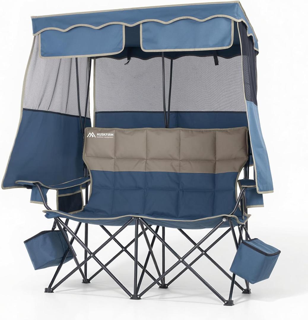 Double Beach Chair With Canopy Shade Camping Chair With Canopy Oversized Double Camping Chair With Canopy Folding Loveseat Chair With Two Cup Holders and Cooler Bag For Camping,Beach, Fishing, 54.6 inches x 19.5 inches x 54.6 inches