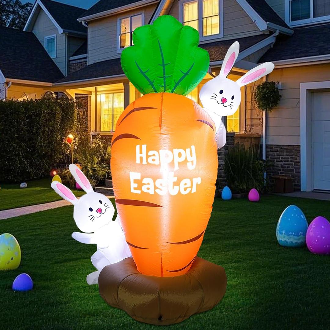 Zcaukya Inflatable Easter Yard Decoration, 5ft LED Lighted Blown-Up Bunnies with Giant Carrot, Inflatable Easter Decorations for Garden Lawn Patio Indoor Outdoor Use