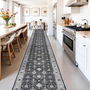Hallway Washable Runner Rug - 3x16' Kitchen Rugs Entryway Rug Runner Vintage Soft Floor Mat Non Slip Indoor Farmhouse Carpet for Bathroom Living Room Bedroom (3' X 16', Black)