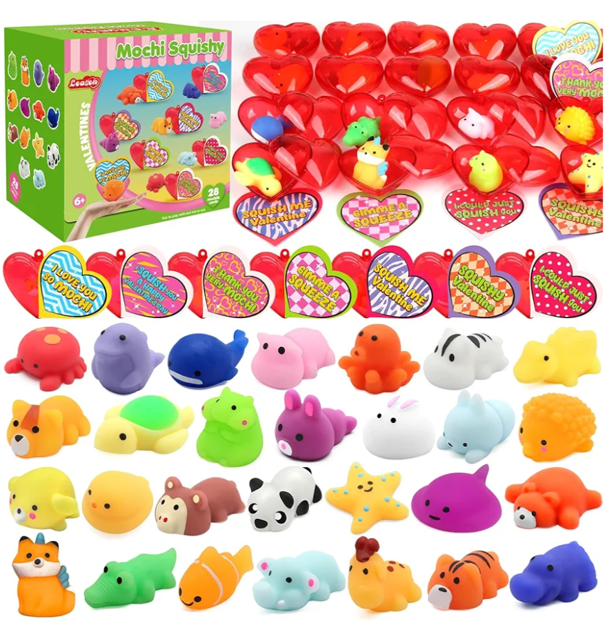28 Pack Valentines Mochi Squishies Toys and Valentine Cards for Kids, Animal Mochi Squishies Filled Hearts and Valentine Greeting Cards Kawaii Stress Relief Toys Classroom Exchange Party Favors Prizes