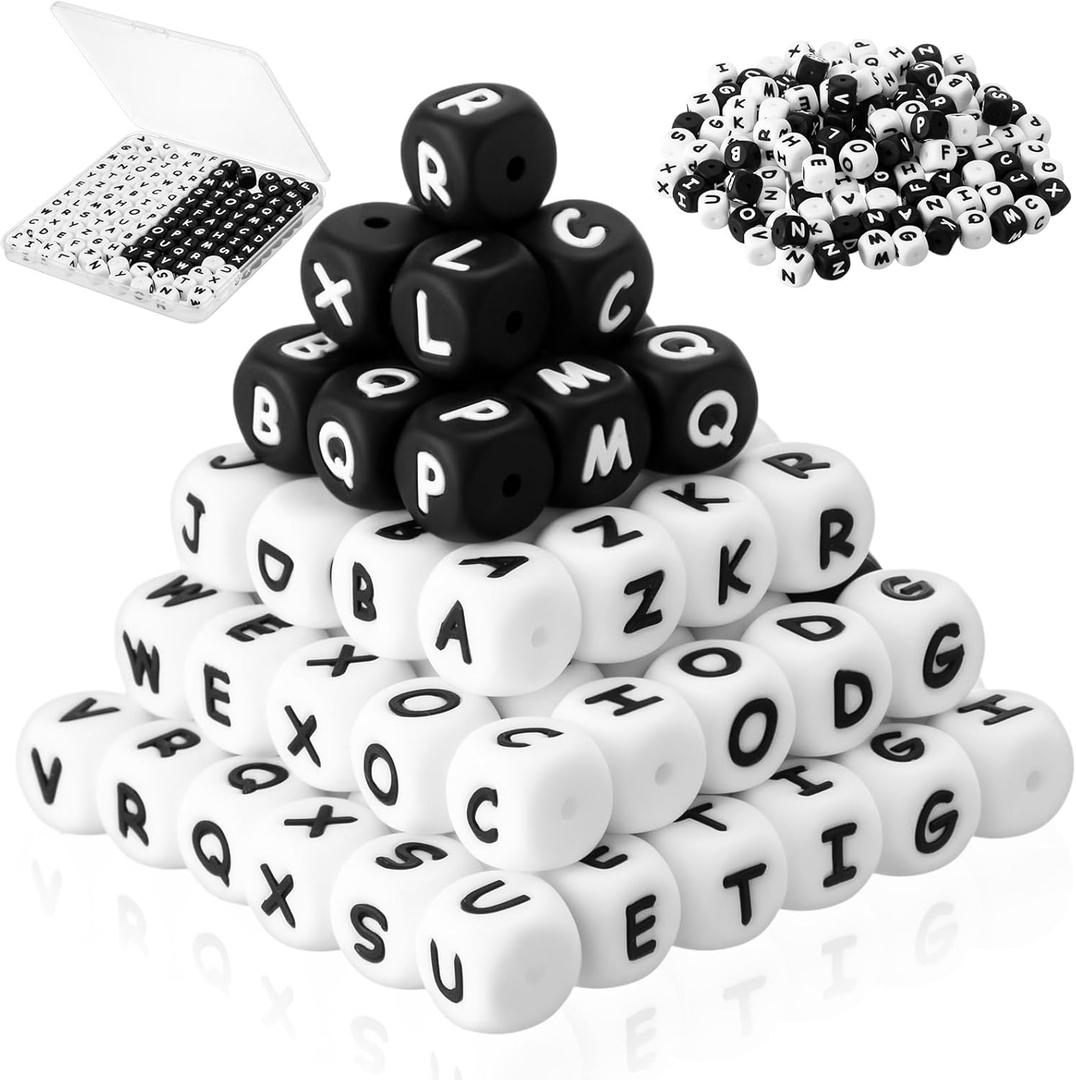 130 Pcs Silicone Letter Beads 12 mm A-z Alphabet Square Black White Letter Bead with Storage Box for Bracelets, Keychains, Necklaces and Lanyards Making DIY Crafts