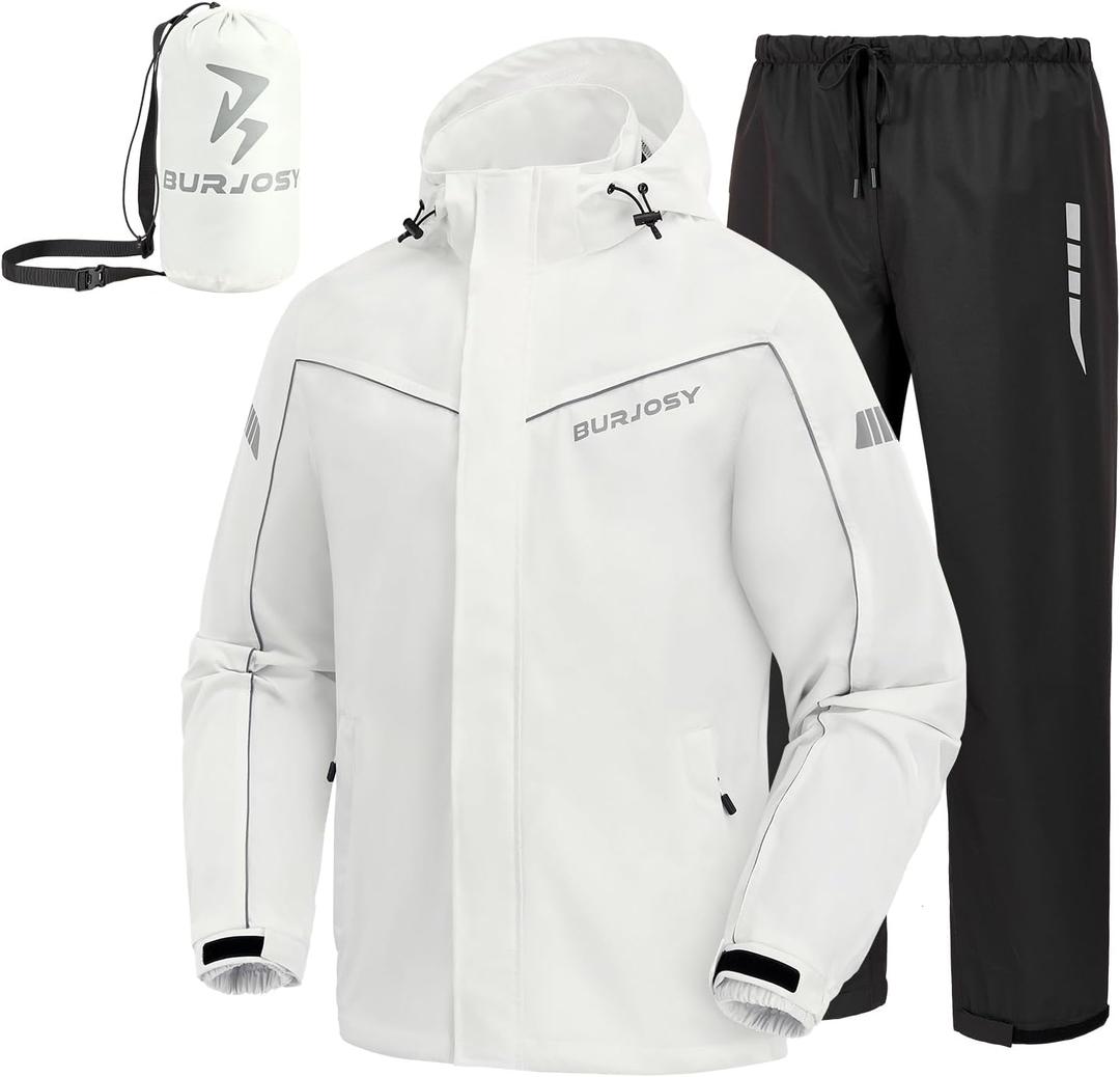 Rain Suit for Men, Packable Waterproof Rain Jacket & Pants, Reflective Raincoat Rain Gear for Outdoor Golf Hiking Fishing (Large, White)