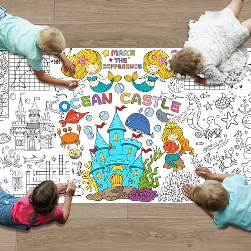 Pack of 2, Mermaid Tablecloth & Giant Coloring Poster 30x72 Inch - Large Coloring Sheets for Kids with Underwater Adventure Games, Mermaid Themed Activities for Birthday, Classroom, Home Party Decor