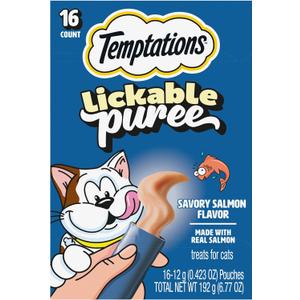 Temptations Creamy Puree Squeezable Lickable Cat Treats, Wet Cat Treats with Salmon, 0.42 oz. Tubes, 16 Count, BB: 01/30/26