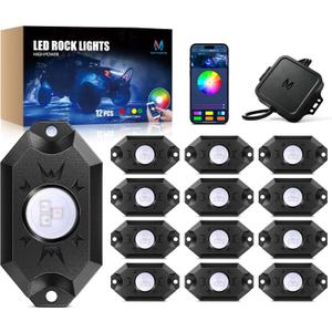 MICTUNING 2nd-Gen CM RGB Rock Lights - 12 Pods Waterproof Multicolor Neon Underglow Kit with Bluetooth App Control & Music Mode for Trucks Pickup UTV SUV ATV 