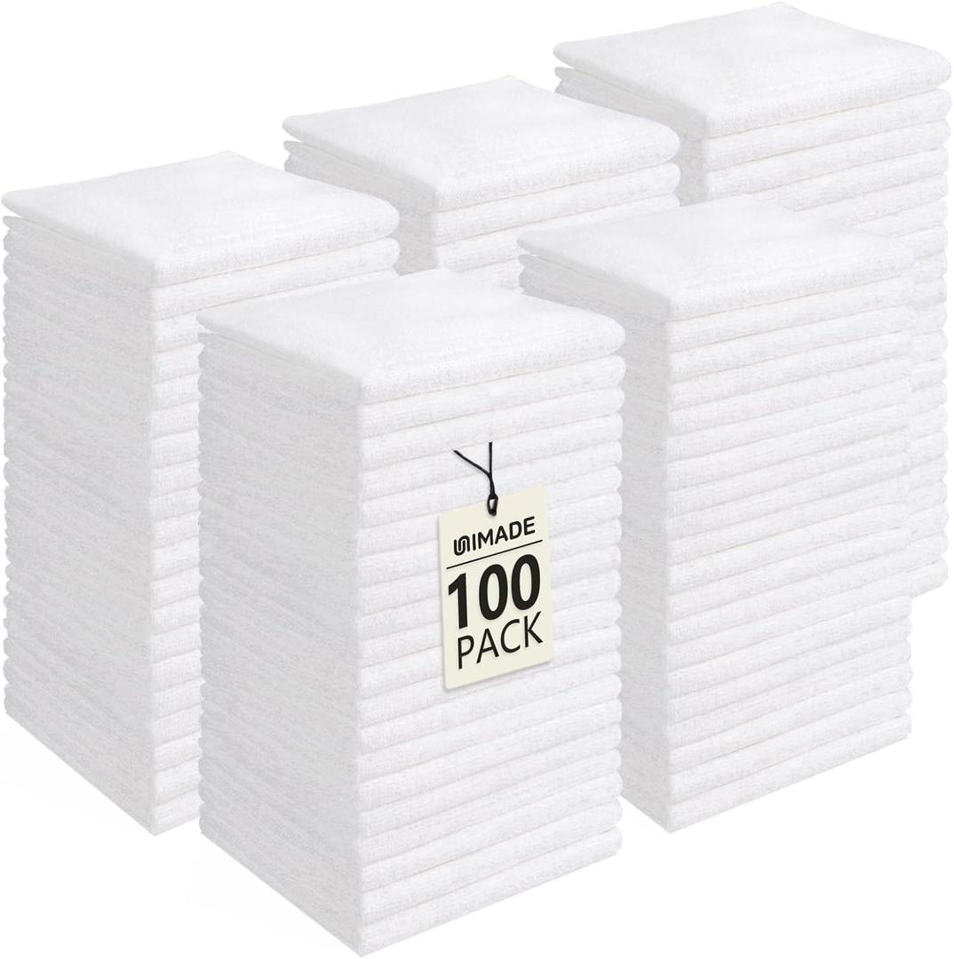 UNIMADE Washcloths Bulk - 100 Pack - Face Towels (12" x 12"), Highly Soft Wash Cloths and Hand Towels, Fast Drying Multi-Purpose Microfiber Cleansing Cloths for Bathroom, Hotel, Spa, and Salon - White