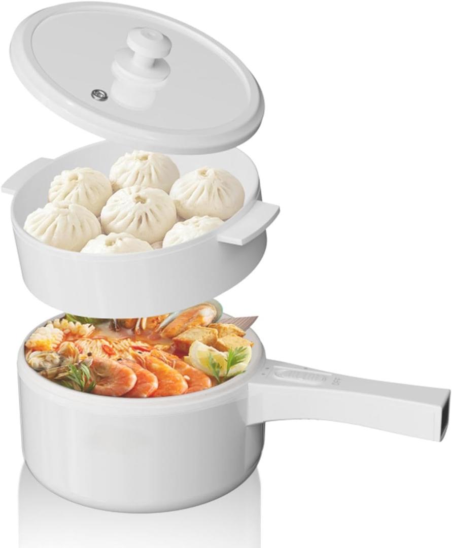 1.5L Electric Hot Pot with Steamer, Ceramic Non-Stick, Portable Travel Cooker for Ramen/Steak/Fried Rice/Soup/Egg with Dual Power Control