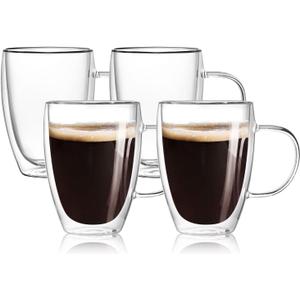 4-Pack 12 Oz Double Walled Glass Coffee Mugs with Handle, Insulated Layer Coffee Cups, Clear Borosilicate Glass Mugs, Gift for Cappuccino,Tea,Latte,Espresso,Hot Beverage,Wine, Microwave Safe, Set of 4